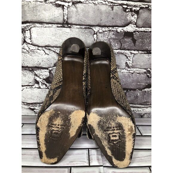 Stuart Weitzman Brown Taupe Leather Python Square Toe Buckle Heels Women Sz 8.5M - Picture 12 of 16